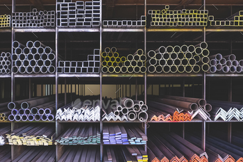 Varied form of many replacement metallic bars and tubes on storage shelf of constructing provide retailer