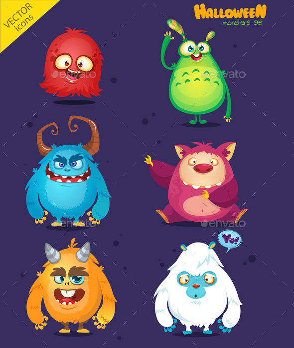 Sketch Lovable Monsters Plight. Vector Illustration of Silly Creatures with Totally different Face Expressions