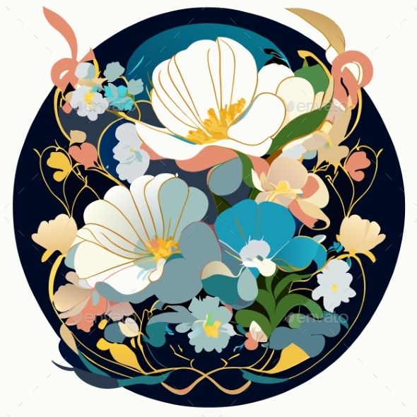 Artwork Nouveau Floral Affiliation in Blue and Yellow