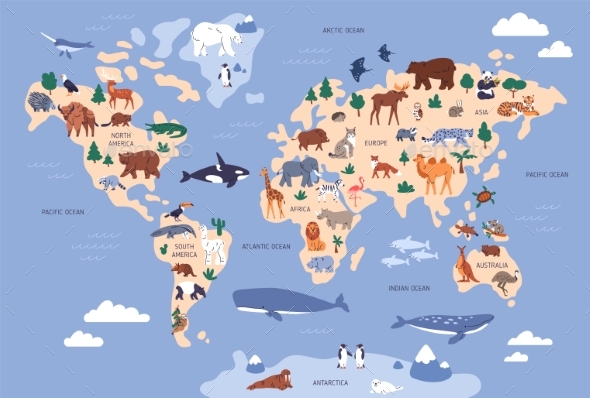 World Plot with Animals in Water and on Earth