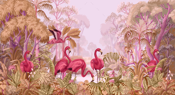 Flamingos within the Tropical Woodland