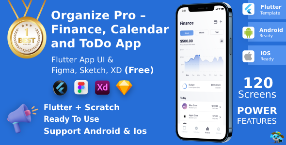 Finance, Calendar & ToDo App | Flutter | Figma + XD + Sketch FREE | Life Time Change | ORGANIZE PRO