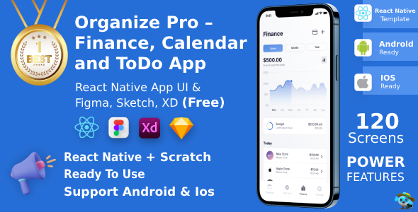 Finance, Calendar & ToDo App | React Native | Figma + XD + Sketch FREE | Existence Time Update | ORGANIZE