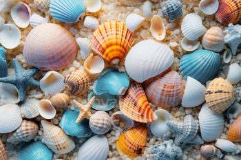 Summer background. Sea shells on sea proceed. Summer race theory. Vivid seashells on sand