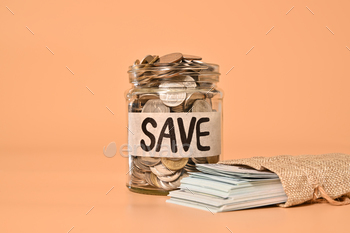 Jar of coins and banknote on background, Financial industry funding, Rising money, Folk saving