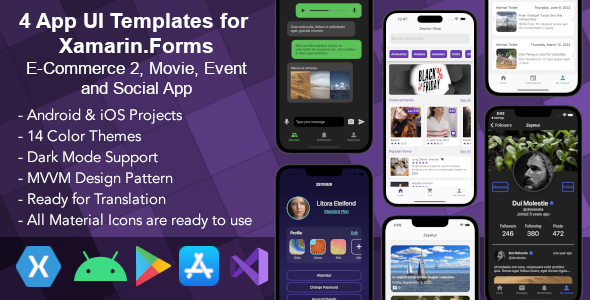 4 App UI Templates for Xamarin Forms: E-commerce, Movie, Tournament, Social