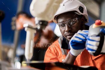 A team of male engineers assembly to gape computer-controlled steel welding robots