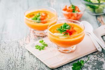 Gazpacho soup. Historical spanish chilly tomato soup of original raw vegetables