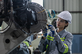 Engineers girl upkeep robotic arm. Female technician industrial checking robot machine.