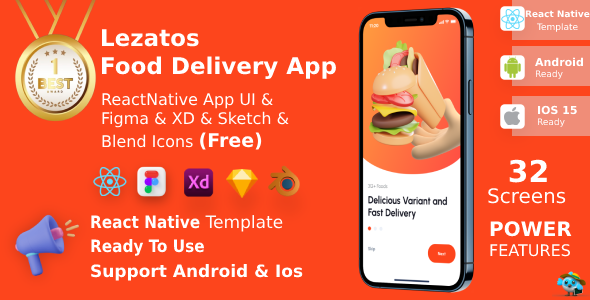 Lezatos ANDROID + IOS + FIGMA + XD + SKETCH + Blend Icons | UI Equipment | React Native | Food Supply