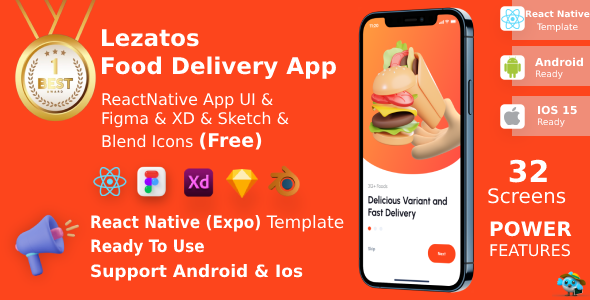 Lezatos ANDROID + IOS + FIGMA + XD + SKETCH + Mix | UI Equipment | ReactNative (Expo) | Food Shipping