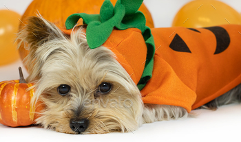 Yorkshire terrier dog dressed in a pumpkin costume lies, looks into the camera.