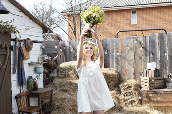 сountry bride in a white short dress within the village marriage ceremony, boho vogue.