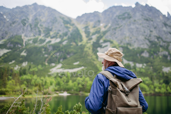 Rear stare of full of life senior man hiking in autumn mountains.