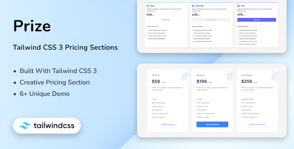 Prize – Tailwind CSS 3 Pricing Sections