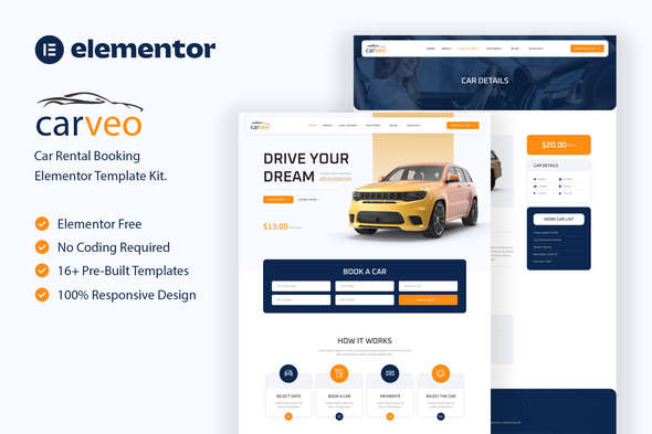 Carveo – Automobile Rental Elementor Template Kit