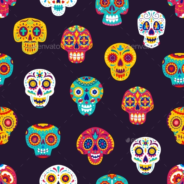 Mexican Calavera Sugar Skulls Seamless Pattern