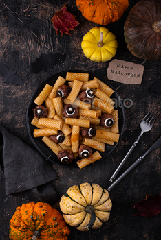 Halloween pasta with meatballs monster think