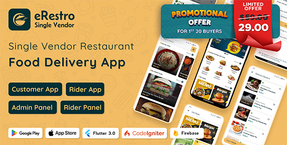 eRestro – Single Vendor Restaurant Flutter App | Meals Ordering App with Admin Panel