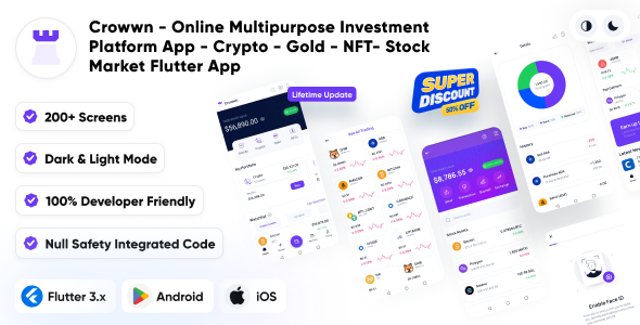 Crowwn – On-line Multipurpose Funding Platform App – Crypto – Gold – NFT- Stock Market Flutter App