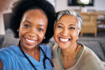 Selfie, smile and assisted residing caregiver with an outdated school lady in the lounge of a house together