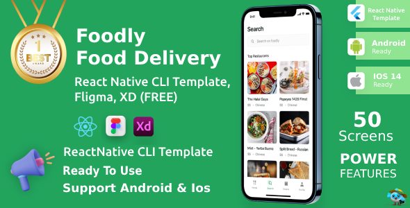 Foodly App ANDROID + IOS + FIGMA + XD | UI Package deal | Reactnative CLI | Food Transport & Expose Top payment App