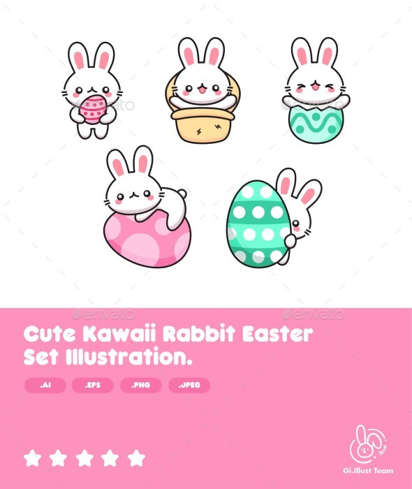 Adorable Kawaii Rabbit Easter State Illustration.