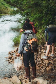 Vertical shot of other folks fishing on the riverside, Bidoup mountain, Lam Dong Province, Vietnam