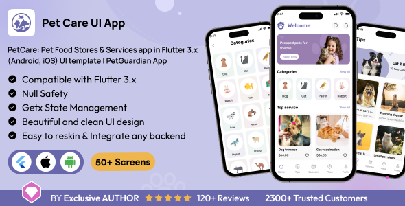 PetCare: Pet Food Stores & Products and companies app in Flutter 3.x (Android, iOS) UI template | PetGuardian App