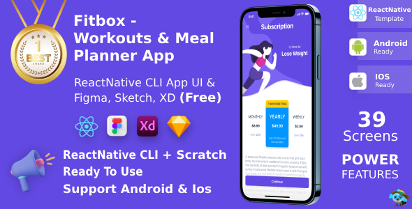 Workout routines & Meal Planner App | ReactNative CLI | Figma + XD + Sketch FREE | Lifestyles Time Update | Fitbox