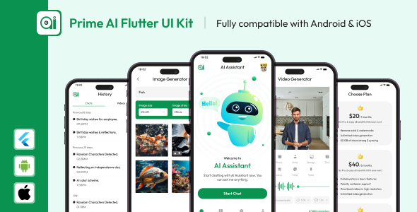 High AI Flutter UI Equipment – AI Chat, Image Generator, Video Generator, AI Verbalize material Creator