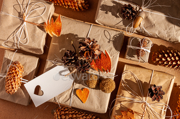 Zero end Christmas knolling thought flat lay. Hand craft eco present natural Recent Year decorations