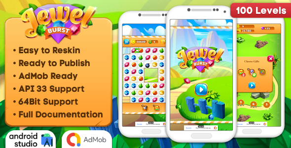 Jewel Burst – Match 3 Game Android Studio Project with AdMob Adverts + Ready to Submit