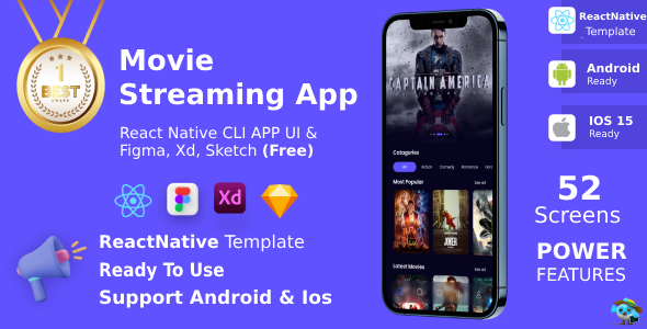 Film Streaming App ANDROID + IOS + FIGMA + XD + SKETCH | UI Kit | ReactNative CLI