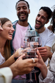 Vertical team multiracial wrathful pals toasting purple wine celebrating summer celebration outdoors.