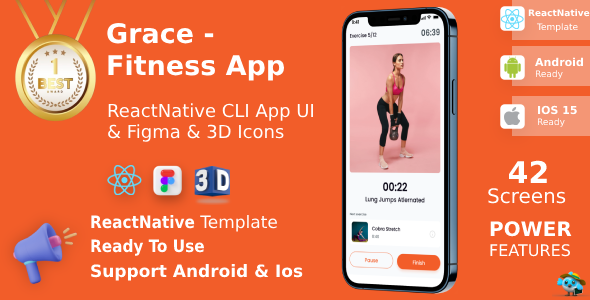 Grace App ANDROID + IOS + FIGMA + 3D Icons | UI Kit | ReactNative CLI | Health & WorkOut