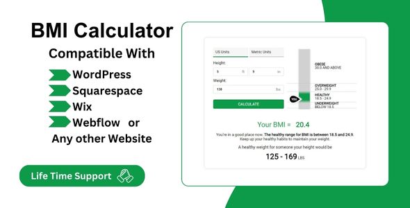 BMI Calculator- wholesome range for WordPress, Wix, Squarespace & Webflow Web location.