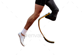 legs runner para-athlete on prosthesis working track stadium remoted on white background