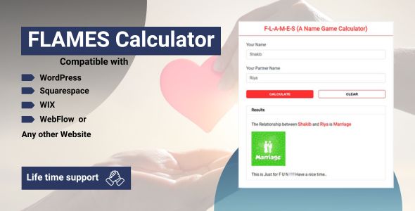 FLAMES Calculator- (Title Gamer Calculator) for WordPress, Wix, Squarespace & Webflow Web living.