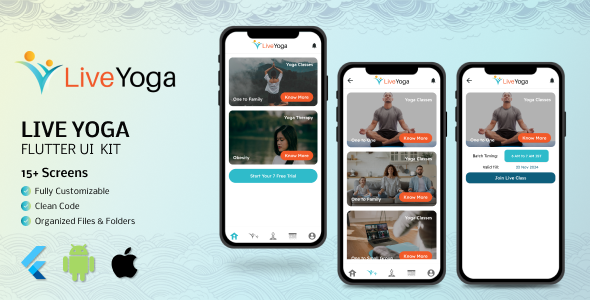 Live Yoga: UI Equipment for Yoga Classes and Treatment Flutter Template