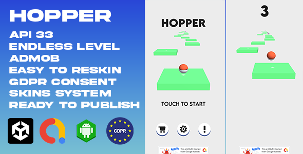 Hopper – Unity Endless Recreation Template (Admob Commercials + GDPR Consent)