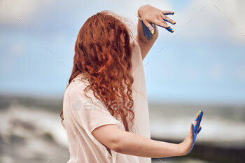 Pink haired girl dancing efficiency on sea seashore, elegant meditative dance on artwork competition