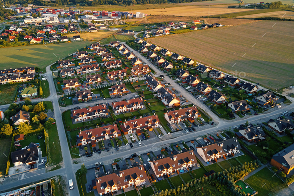 Suburban neighborhood in europe metropolis, aerial stare