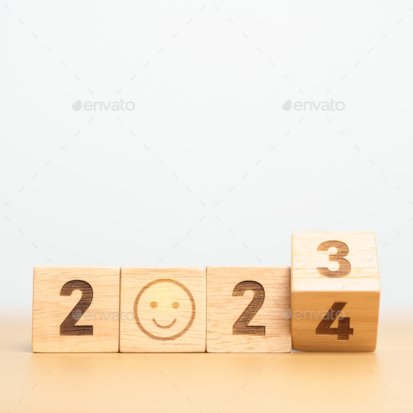 Smile face with 2024 block.  psychological well being, eco sustainable and Comfy Latest Yr opinion