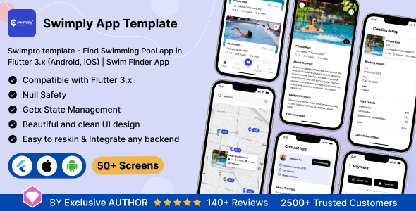 Swimpro UI template – Receive Swimming Pool app in Flutter 3.x (Android, iOS) | Swim Finder App