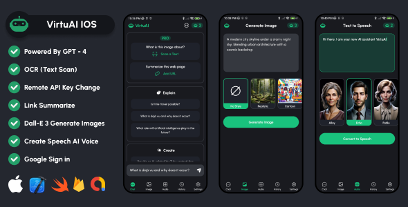 VirtuAI IOS ChatGPT GPT-4, Dall-E-3 AI Paintings Picture, AI Reveal Textual content to Speech Cellular SwiftUI IOS App