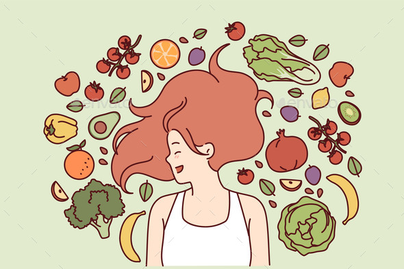 Vegetarian Woman Lies Amongst Modern Fruits and