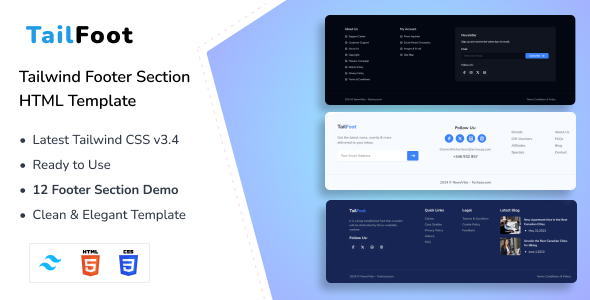 TailFoot – Tailwind CSS 3 Footer Allotment HTML Template