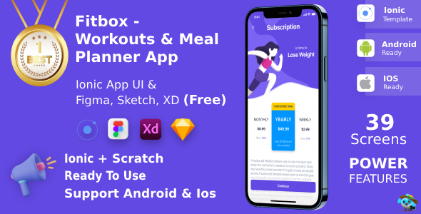 Exercise routines & Meal Planner App | Ionic | Figma + XD + Sketch FREE | Existence Time Replace | Fitbox