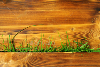 a brown inclined wooden background with grass rising by